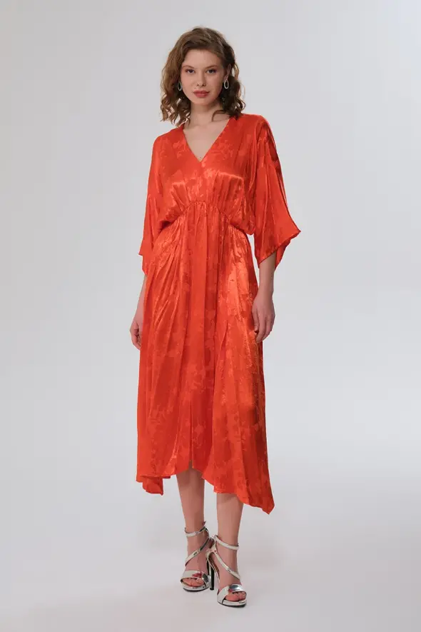V-Neck Jacquard Dress - Orange - 1