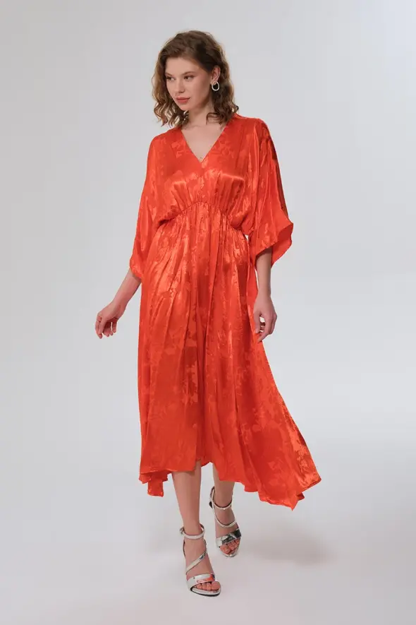 V-Neck Jacquard Dress - Orange - 3