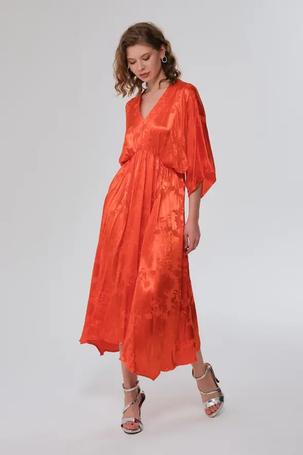 V-Neck Jacquard Dress - Orange - 2