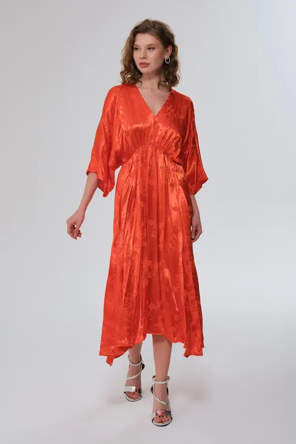 V-Neck Jacquard Dress - Orange - 4