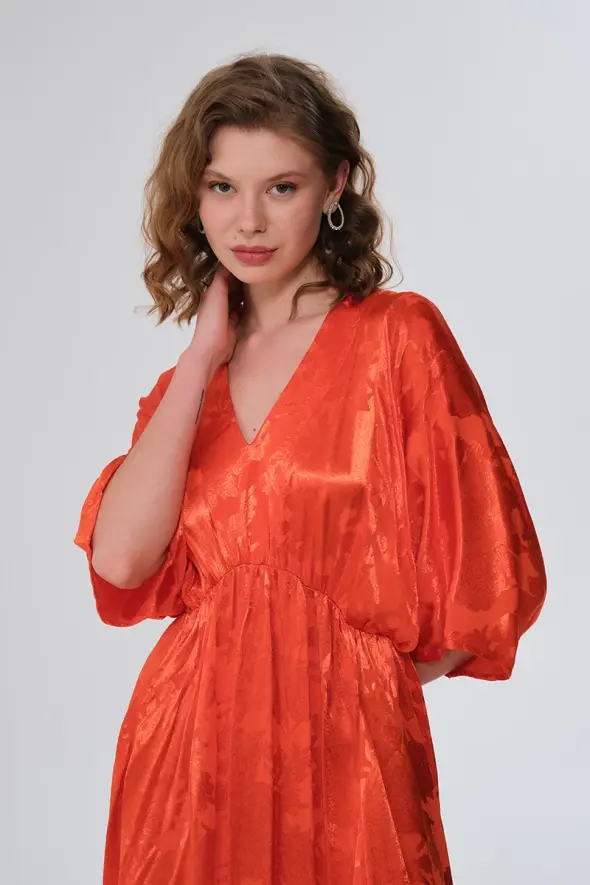 V-Neck Jacquard Dress - Orange - 5