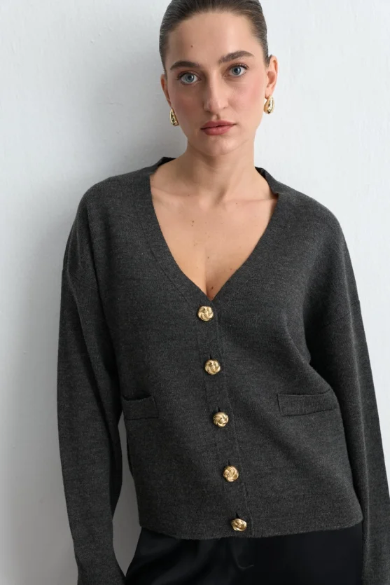 V Neck Knit Wool Cardigan Anthracite - Gusto