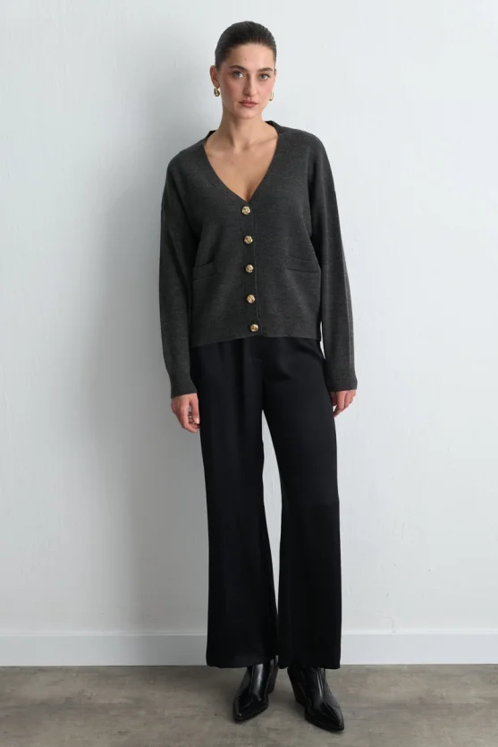 V Neck Knit Wool Cardigan Anthracite - 1