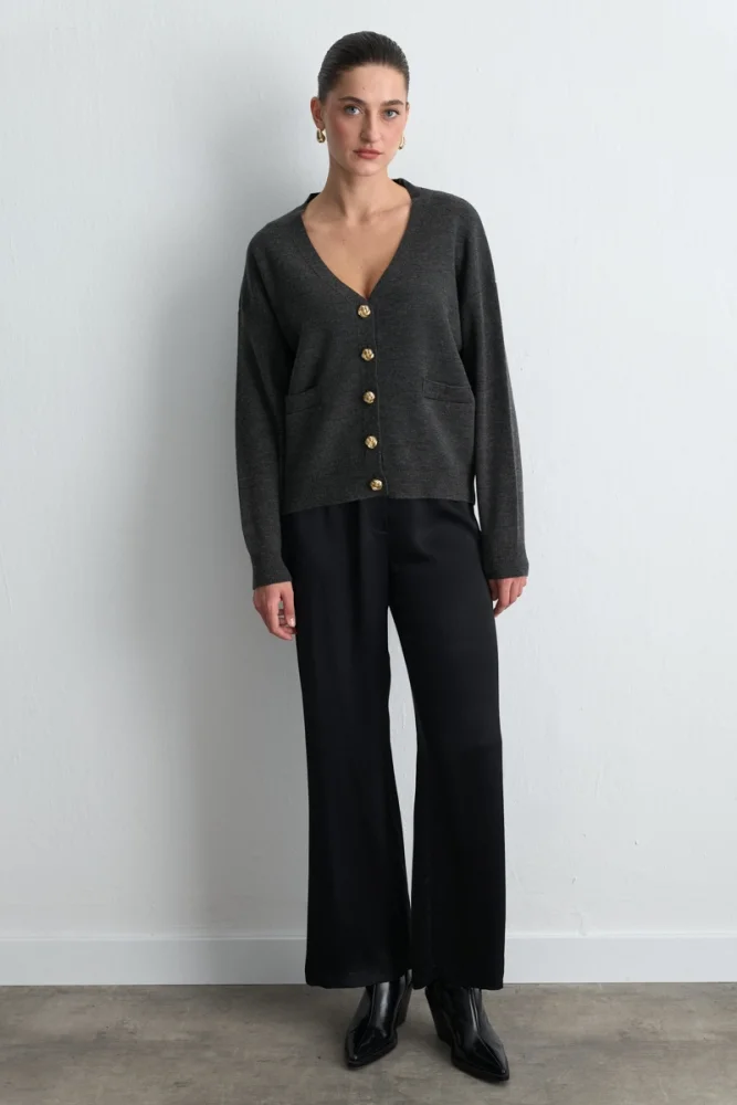 V Neck Knit Wool Cardigan Anthracite