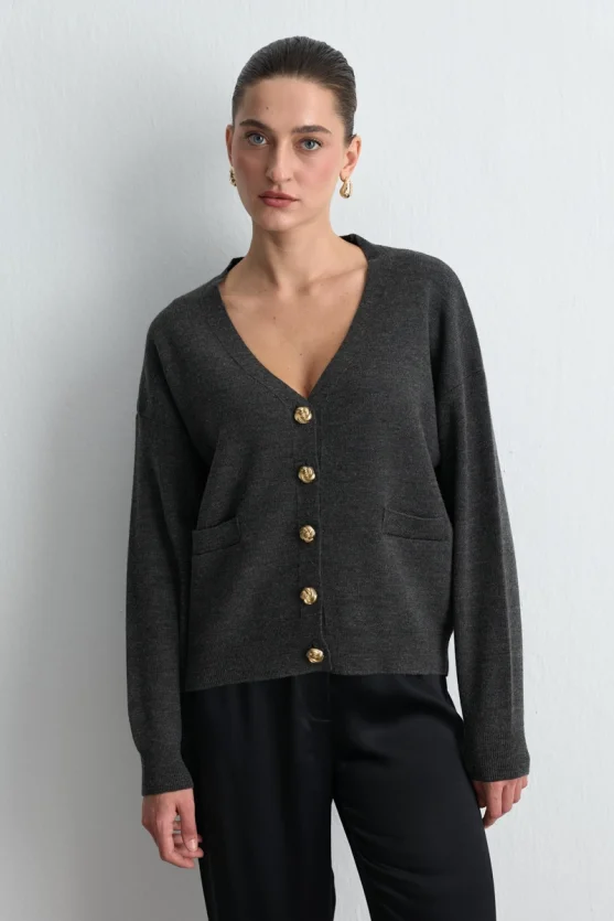 V Neck Knit Wool Cardigan Anthracite - 3