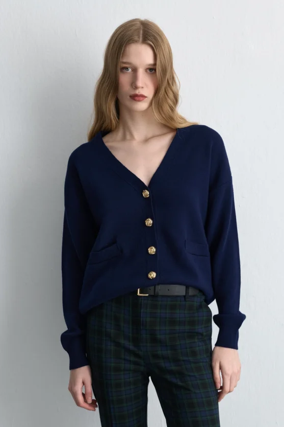 V-Neck Knit Wool Cardigan - Navy Blue - 3