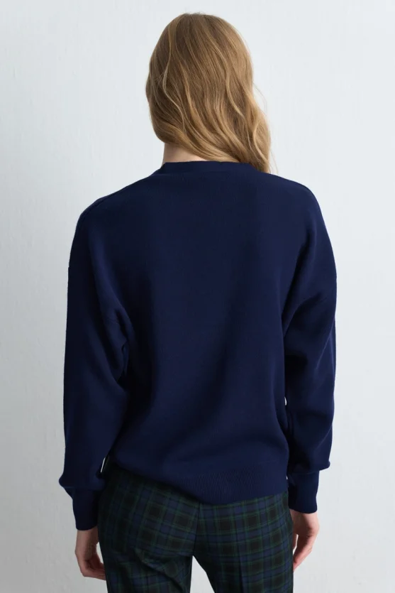 V Neck Knit Wool Cardigan Navy Blue - Gusto