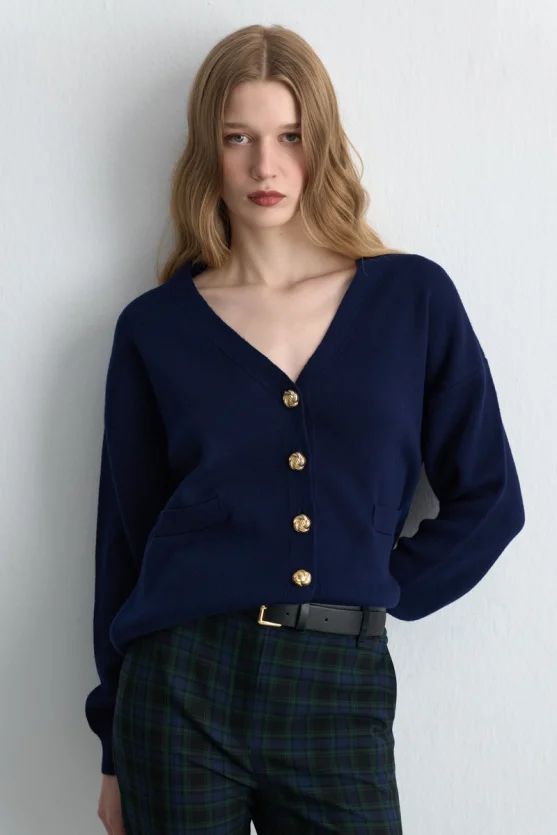V Neck Knit Wool Cardigan Navy Blue - Gusto