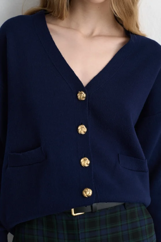 V Neck Knit Wool Cardigan Navy Blue - Gusto