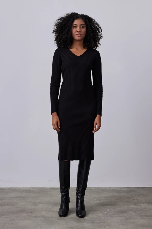 V Neck Knitwear Dress - Black - 1