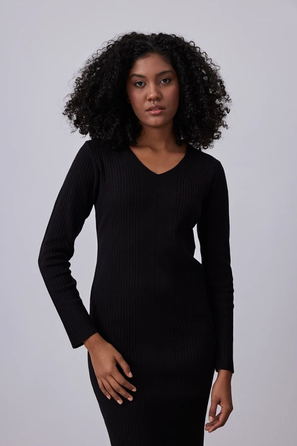 V Neck Knitwear Dress - Black - 2