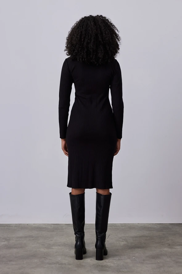 V Neck Knitwear Dress - Black - 4