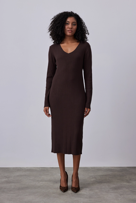 V Neck Knitwear Dress - Brown Brown