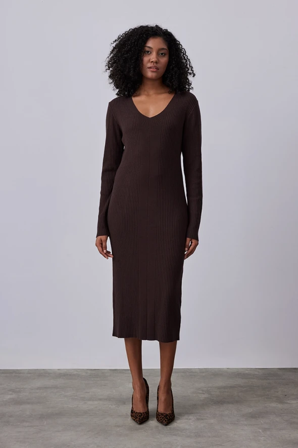 V Neck Knitwear Dress - Brown - 1