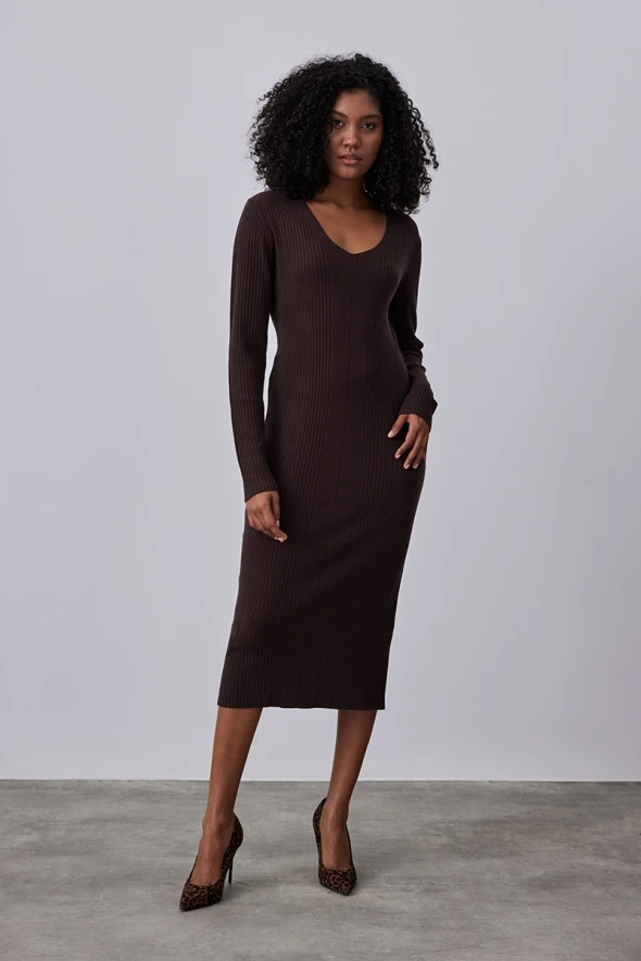 V Neck Knitwear Dress - Brown - 2