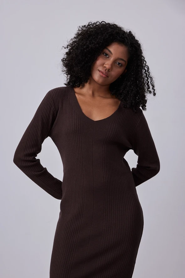 V Neck Knitwear Dress - Brown - 3