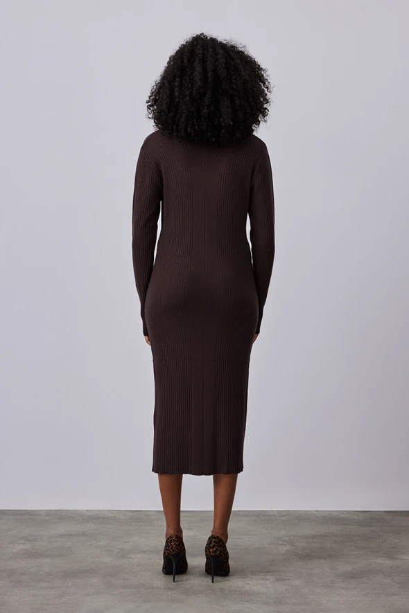 V Neck Knitwear Dress - Brown - 5