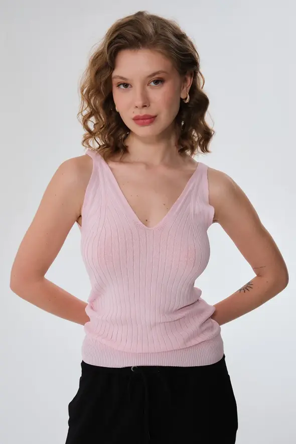 V-neck Knitwear Tank Top - Dusty Pink - 1