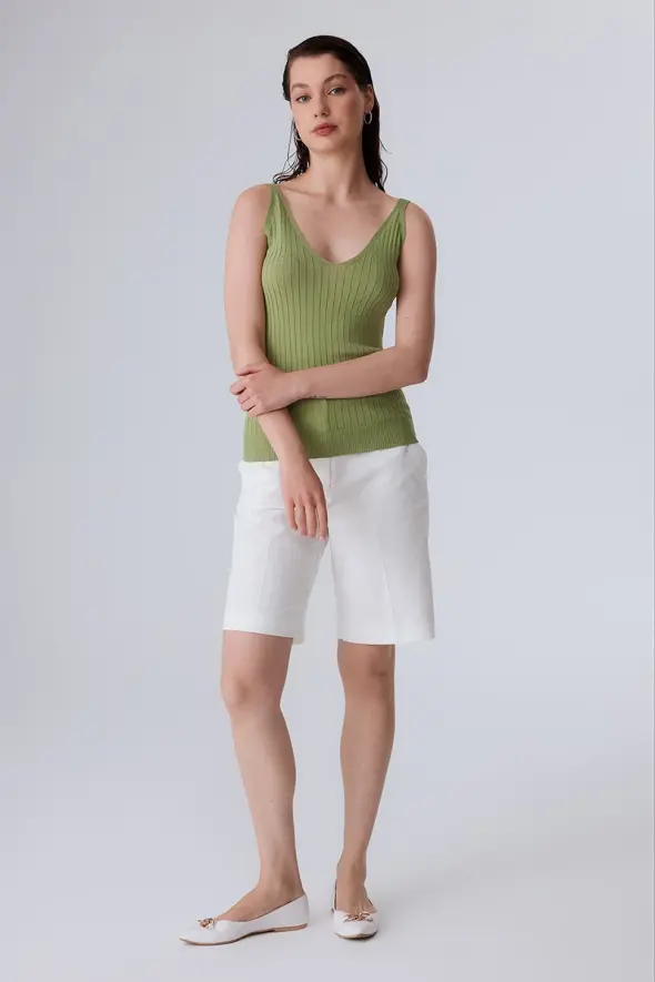 V Neck Knitwear Tank Top - Green - 4