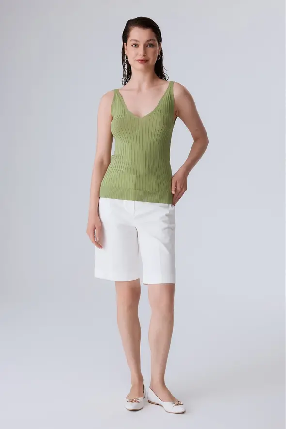 V Neck Knitwear Tank Top - Green - 2