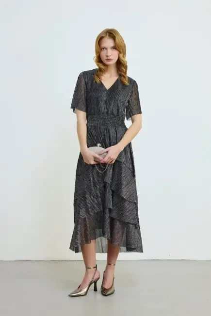 V-Neck Layered Long Shimmer Dress - Black Black