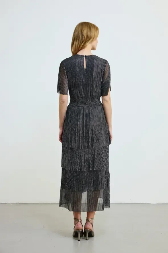 V-Neck Layered Long Shimmer Dress - Black - 5