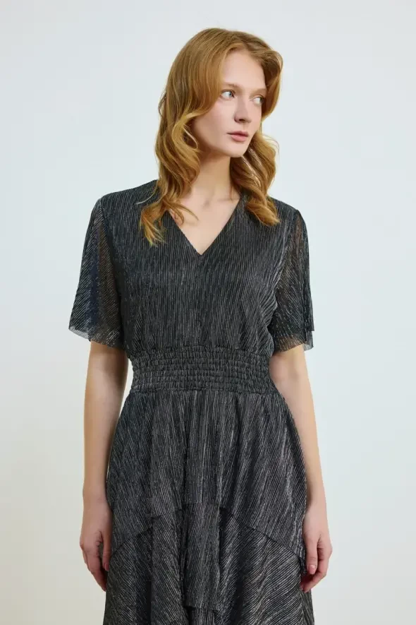 V-Neck Layered Long Shimmer Dress - Black - 4