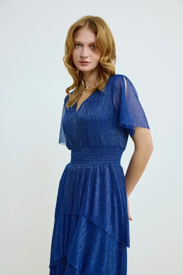 V-Neck Layered Long Shimmer Dress - Navy - 3