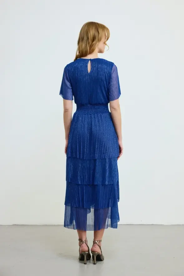 V-Neck Layered Long Shimmer Dress - Navy - Gusto