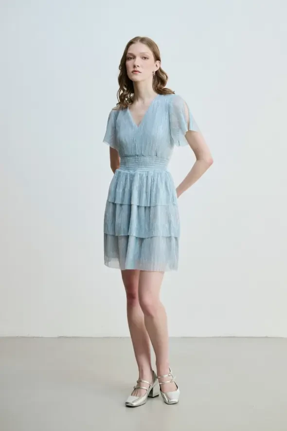 V-Neck Layered Lurex Evening Dress - Blue - Gusto