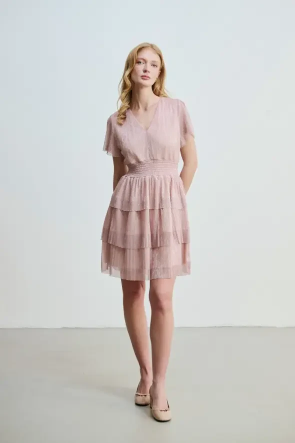 V-Neck Layered Lurex Evening Dress - Pink - Gusto