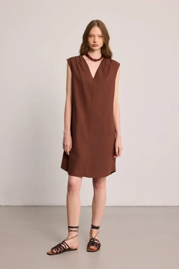 V-Neck Linen Dress - Brown - 1