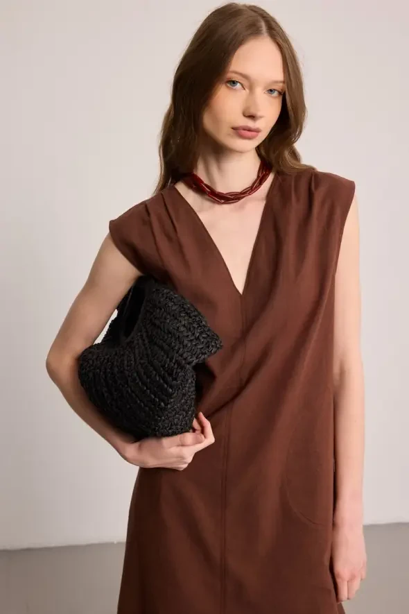 V-Neck Linen Dress - Brown - 2