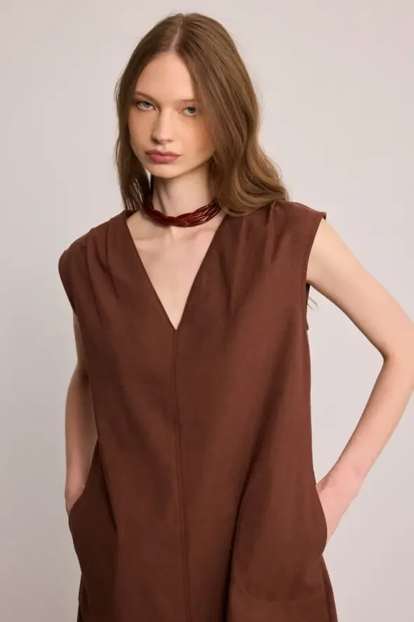 V-Neck Linen Dress - Brown - 4