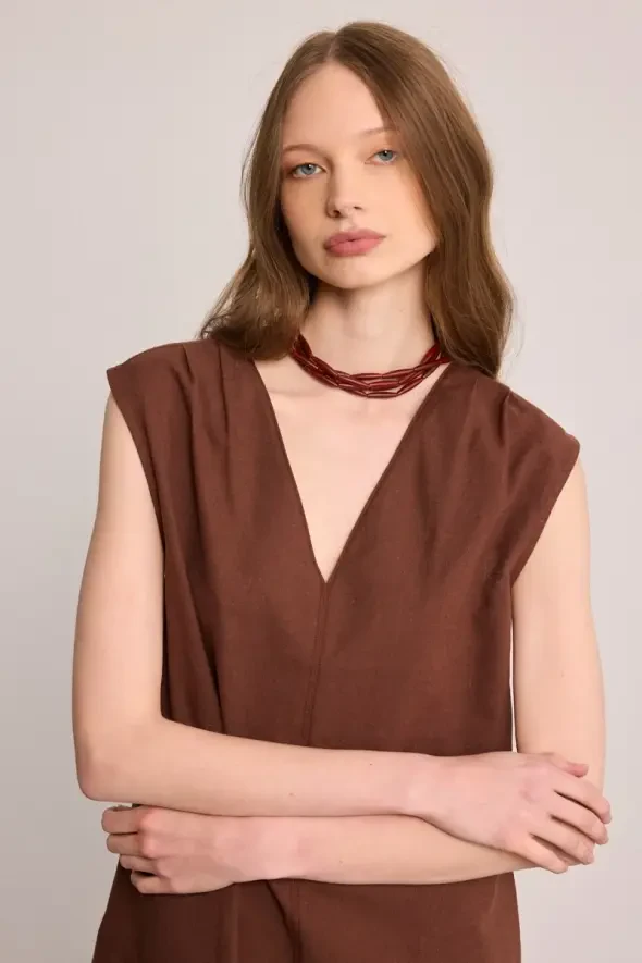 V-Neck Linen Dress - Brown - 5
