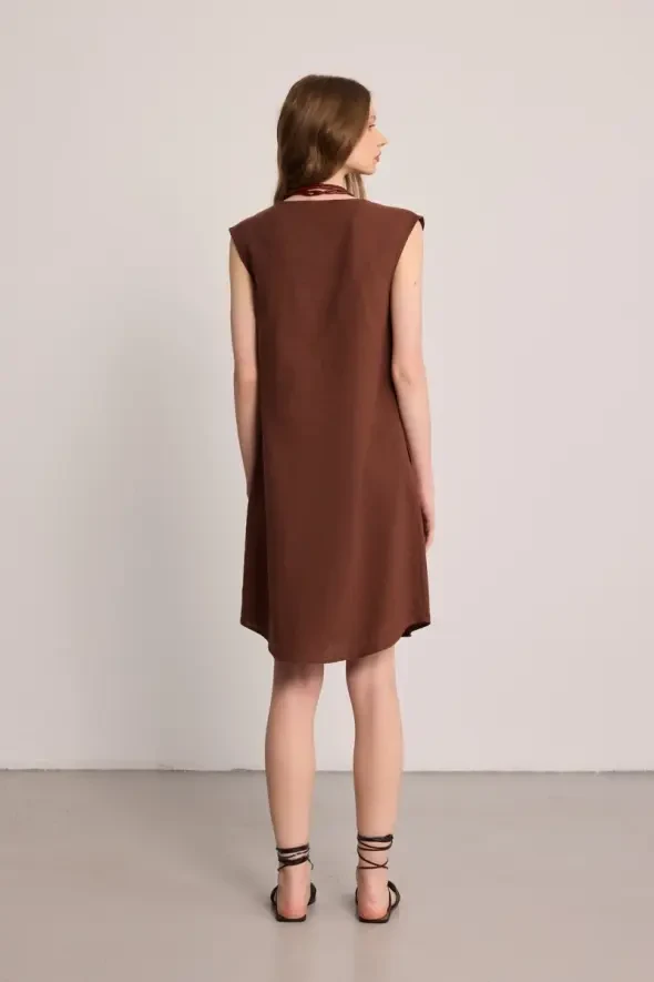 V-Neck Linen Dress - Brown - 6