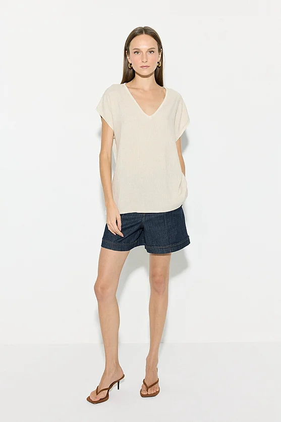 V-Neck Linen Front Viscose Back T-Shirt - Beige - Gusto