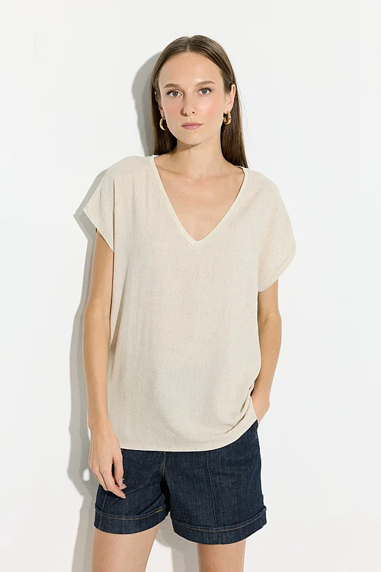 V-Neck Linen Front Viscose Back T-Shirt - Beige - Gusto