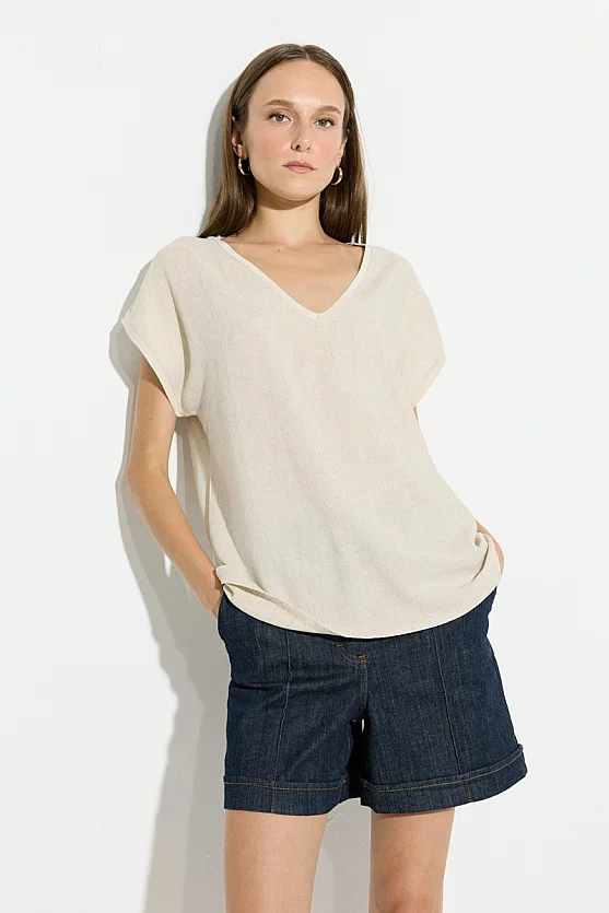 V-Neck Linen Front Viscose Back T-Shirt - Beige - Gusto