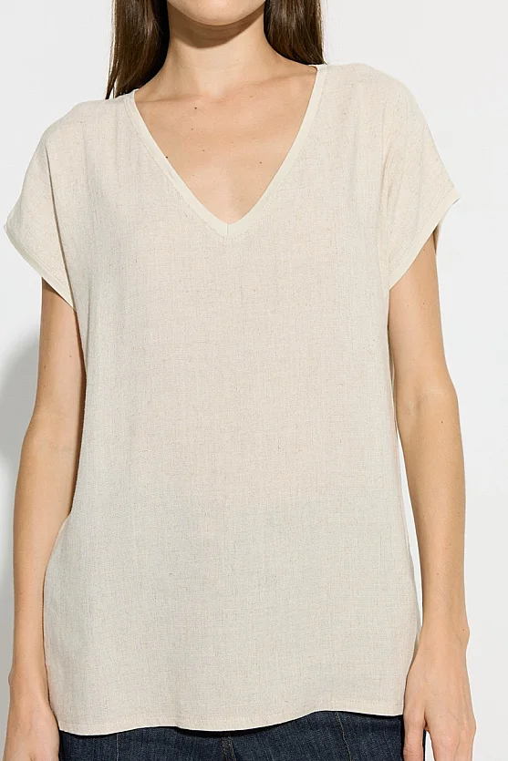 V-Neck Linen Front Viscose Back T-Shirt - Beige - 7