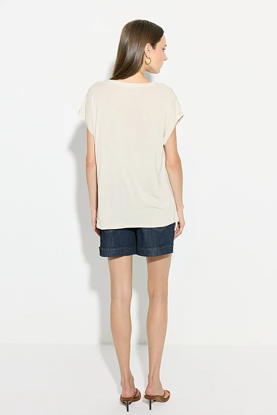 V-Neck Linen Front Viscose Back T-Shirt - Beige - 8