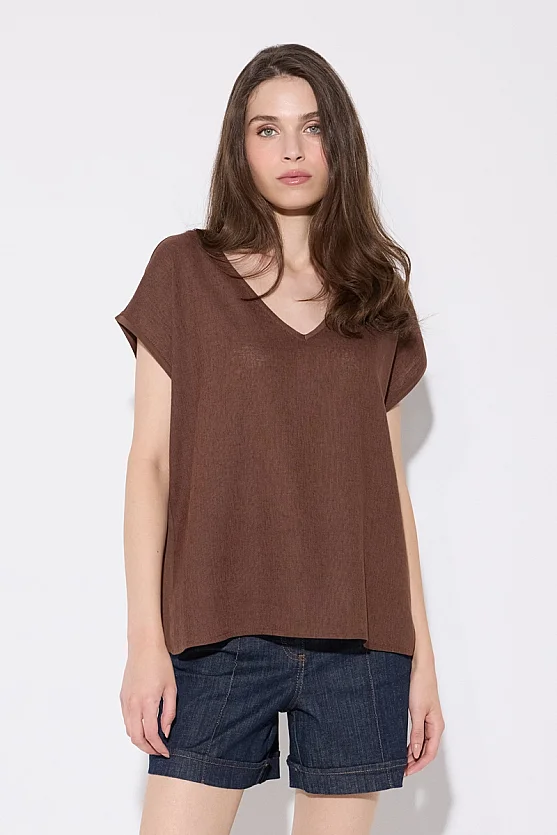 V-Neck Linen Front Viscose Back T-Shirt - Brown - Gusto