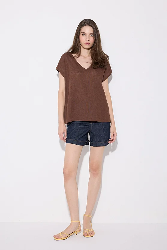 V-Neck Linen Front Viscose Back T-Shirt - Brown - Gusto