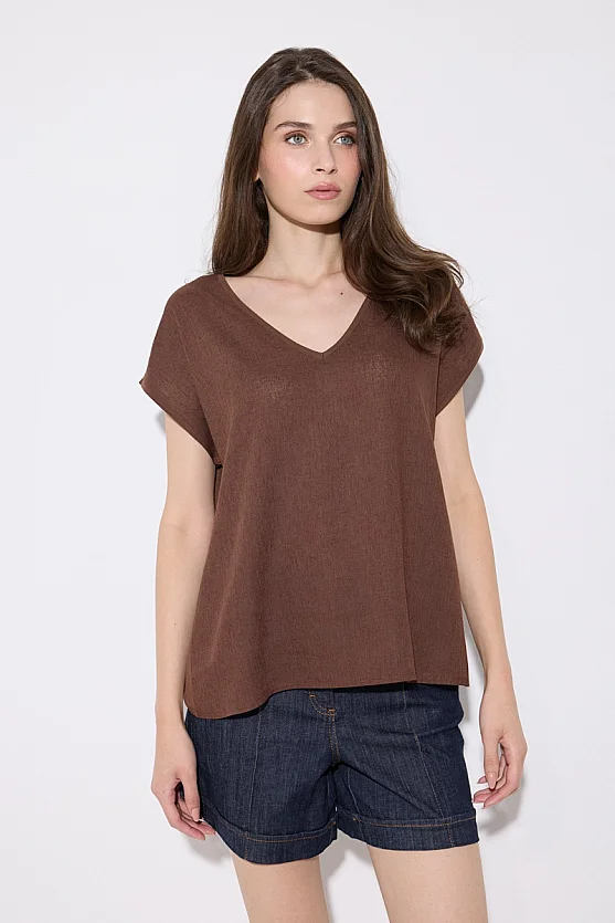 V-Neck Linen Front Viscose Back T-Shirt - Brown - Gusto