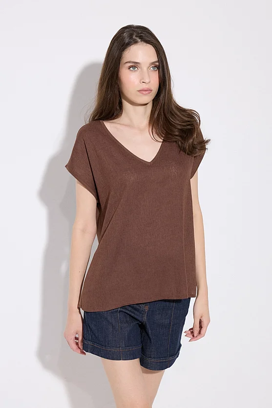 V-Neck Linen Front Viscose Back T-Shirt - Brown - Gusto