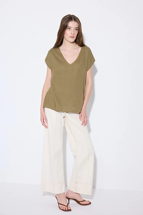 V-Neck Linen Front Viscose Back T-Shirt - Khaki - 3