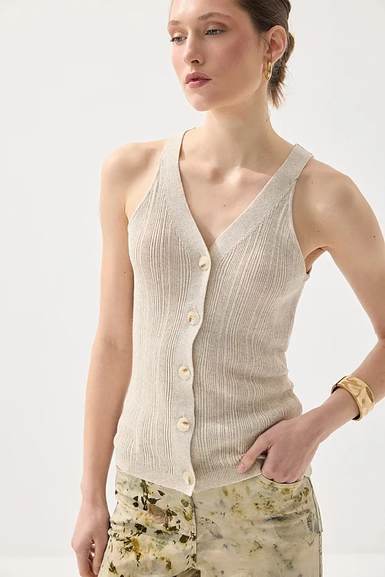 V-Neck Linen Knit Vest - Stone - 1
