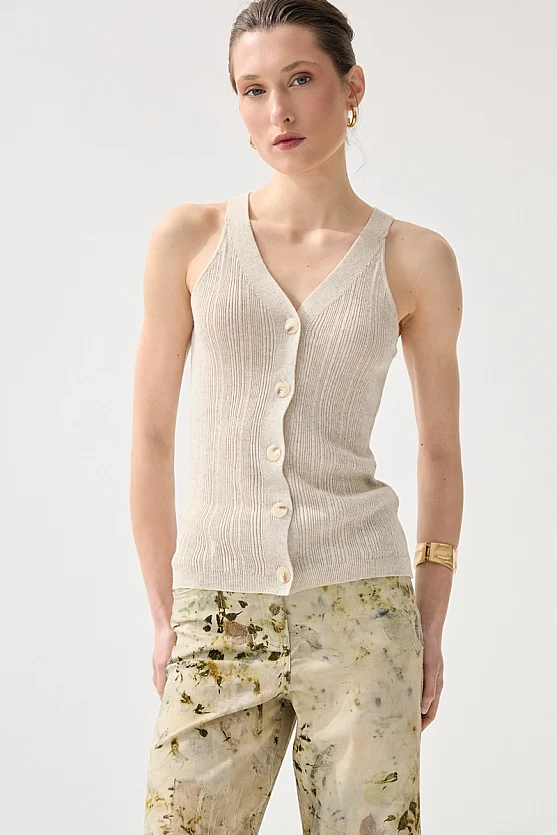 V-Neck Linen Knit Vest - Stone - 4