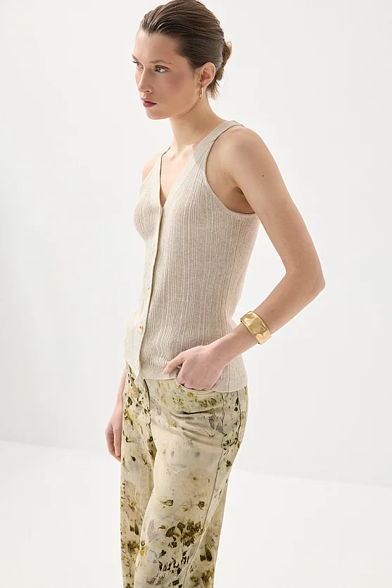 V-Neck Linen Knit Vest - Stone - 3