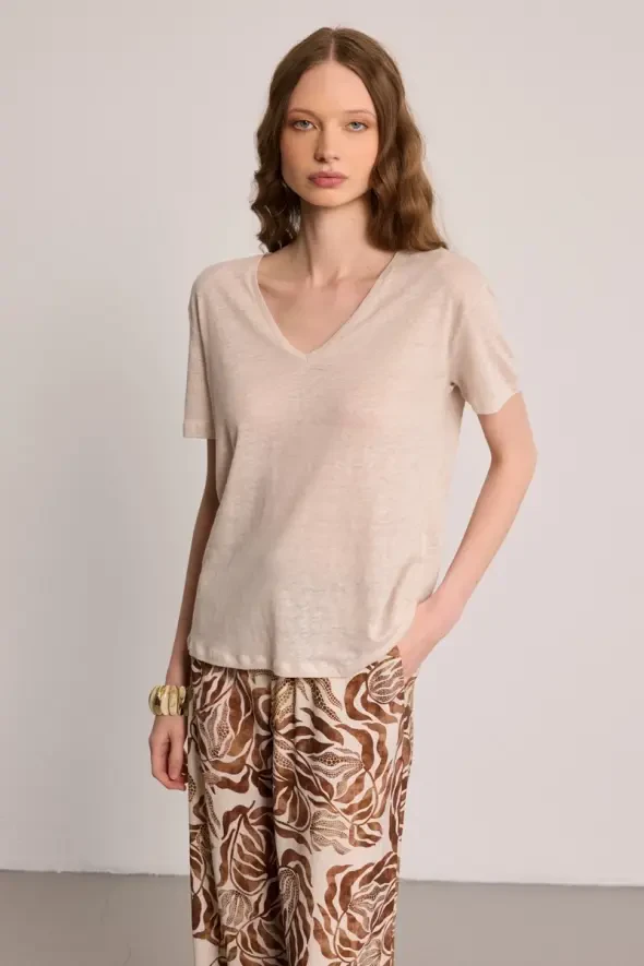 V-Neck Linen T-Shirt - Beige - 1